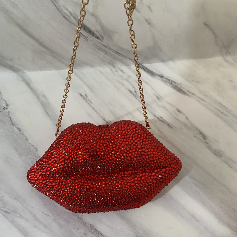 Diamond-embedded Hand-held Party Rhinestone Acrylic Lips Chain Dinner Bag