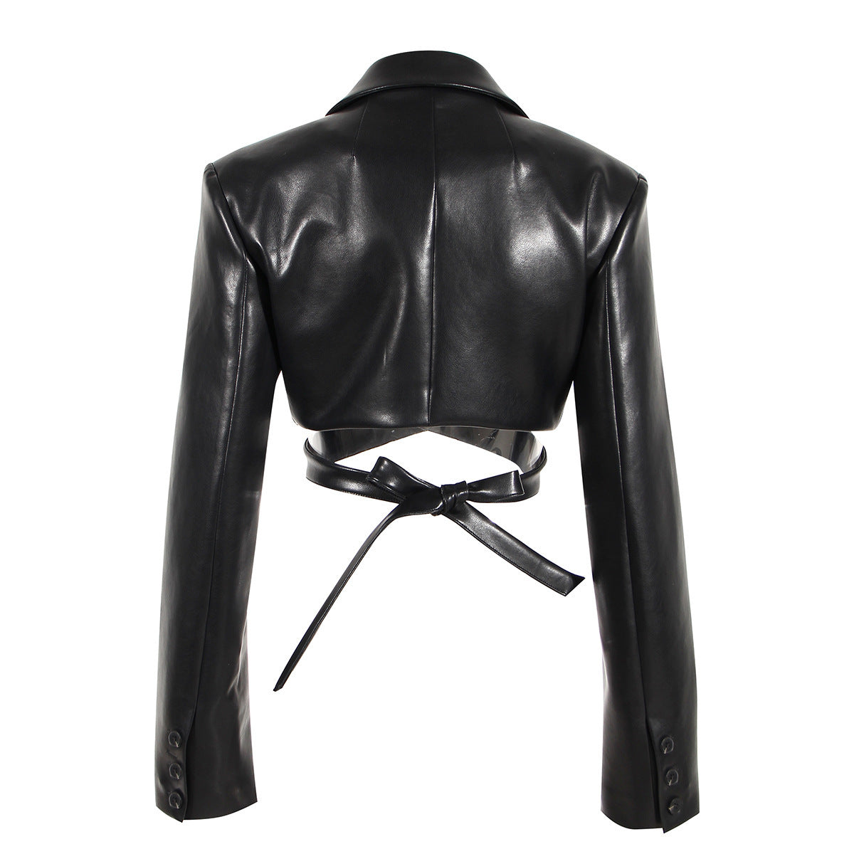 Lace-up Waist-controlled Chest-flattering Long Sleeve PU Leather Short Coat
