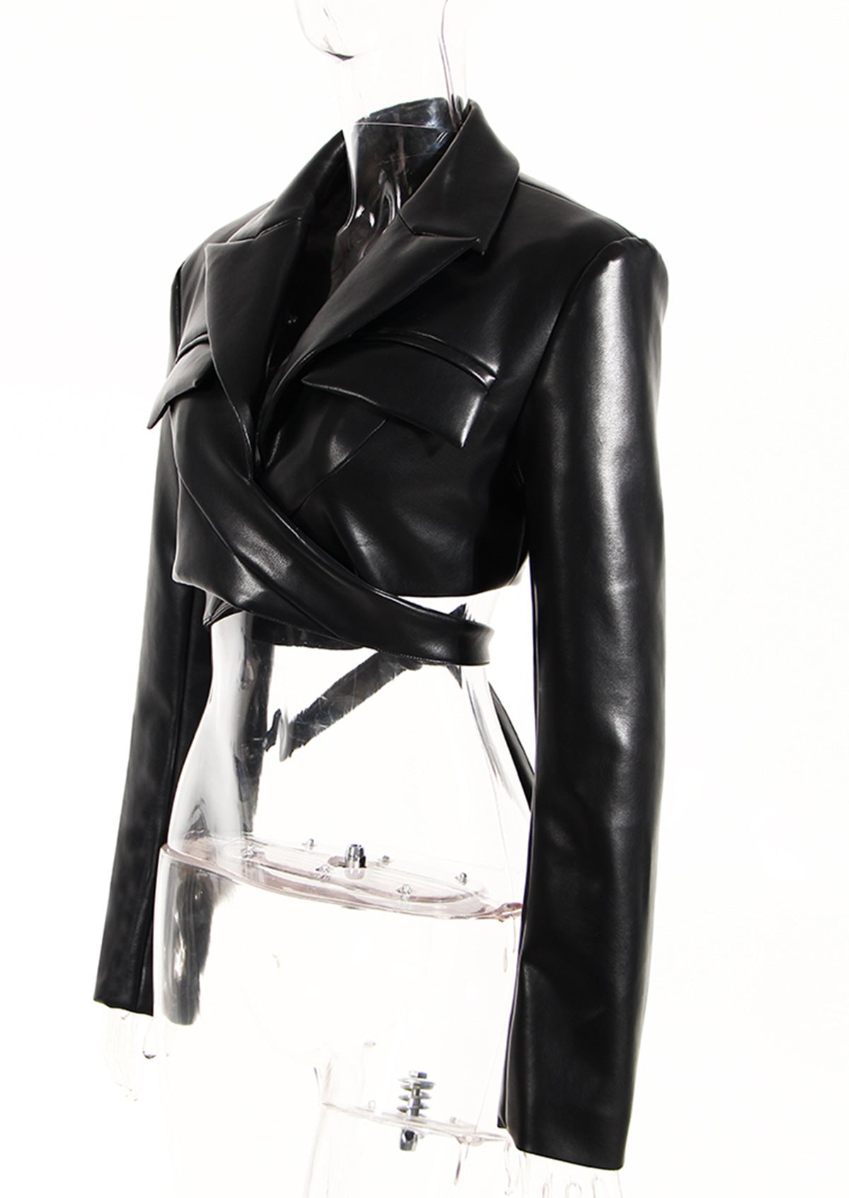Lace-up Waist-controlled Chest-flattering Long Sleeve PU Leather Short Coat