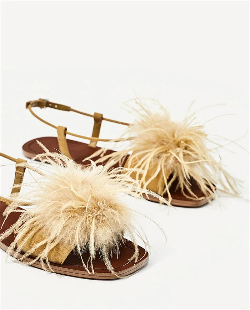 Feather Decor Women Sandals Fur Flat Shoes Ladies Summer Beach Sandal Valentine Shoe Square Toe Casual Flats 2024 New Slides