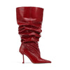 European and American Autumn and Winter High-heeled Knee Length Pleated Boots, Fashionable Pointed Sleeve, Plus Size for Women
