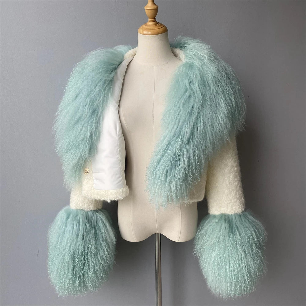 Jxwatcher Wool Coat for Women Real Mongolian Fur Collar Cuffs Winter Fashion Solid Color Tweed Cropped Jacket Fall New Arrival