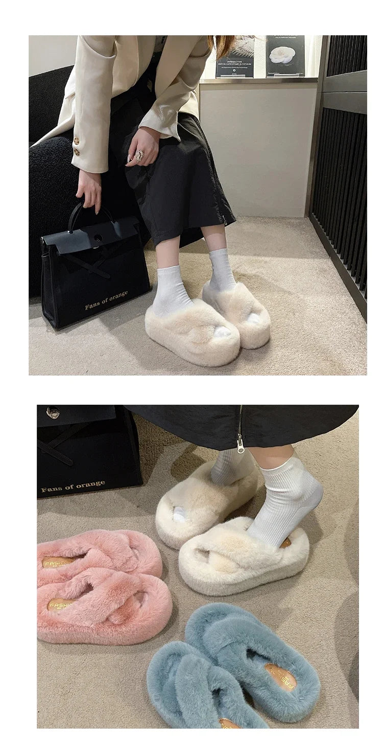 Woman Furry Ladies Faux Fur Luxury Fluffy Plush Slipper House Fuzzy Girl Platform Indoor Flat Casual sandals Round Toe Winter
