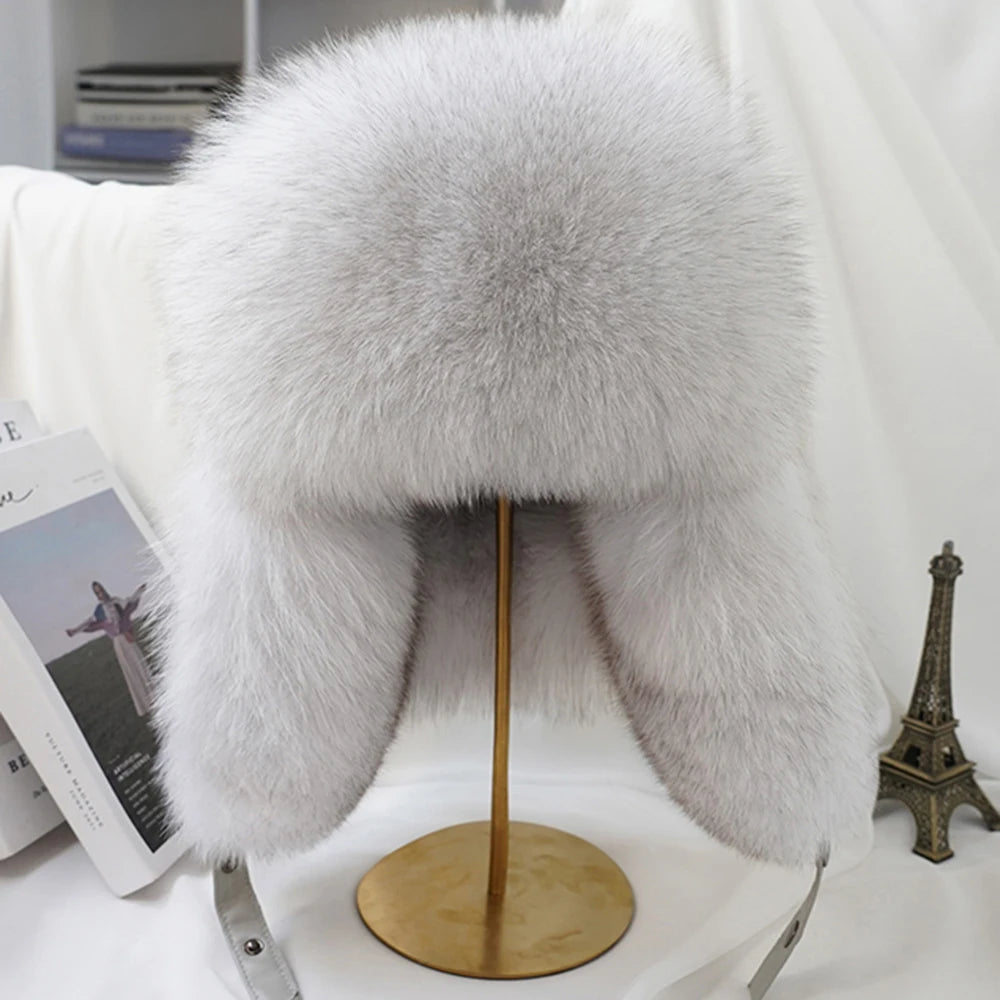 100% Real Silver Fox Fur Bomber Hat Raccoon Fur Real Leather