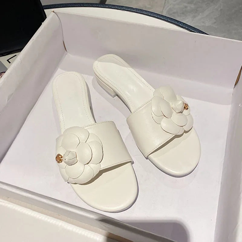 High End Luxury Flower Slippers Women Camellia Shoes Open Toe Slides Femme Outside&Home Pantuflas Sandals Ladies Flip Flops