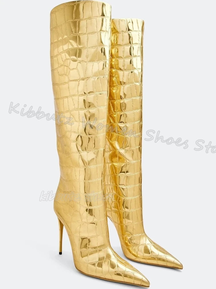 Zebra Print Knee High Boots Genuine Leather Mixed Color Slip-On Elegant Concise Fashion Women Shoes New Pointed Toe Thin Heels