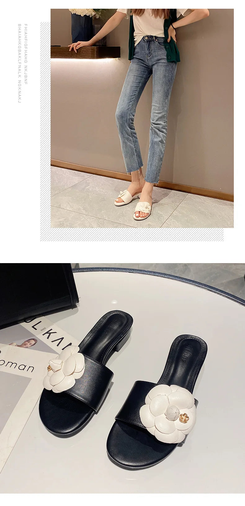 High End Luxury Flower Slippers Women Camellia Shoes Open Toe Slides Femme Outside&Home Pantuflas Sandals Ladies Flip Flops