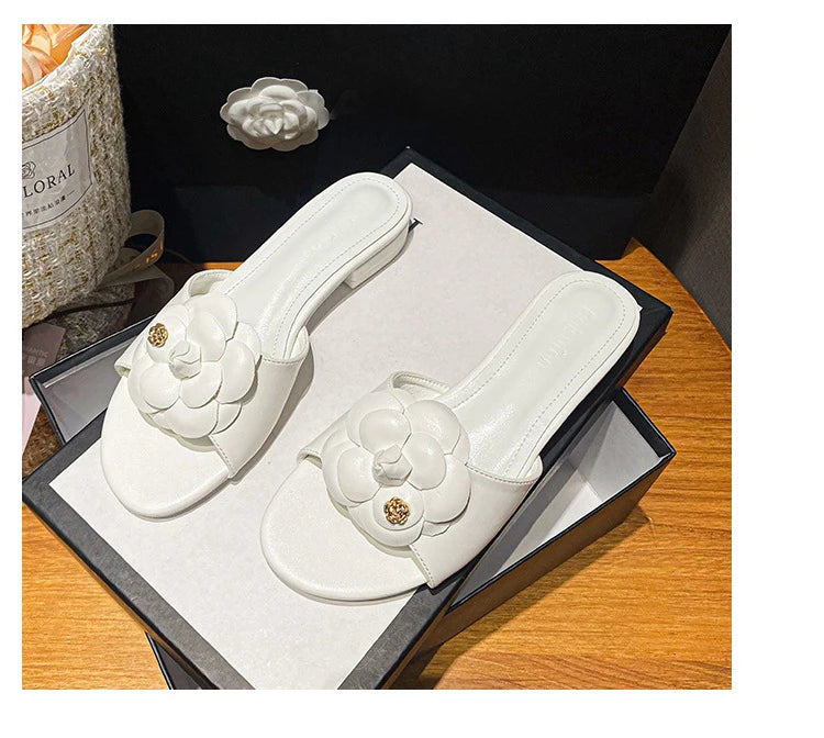 High End Luxury Flower Slippers Women Camellia Shoes Open Toe Slides Femme Outside&Home Pantuflas Sandals Ladies Flip Flops