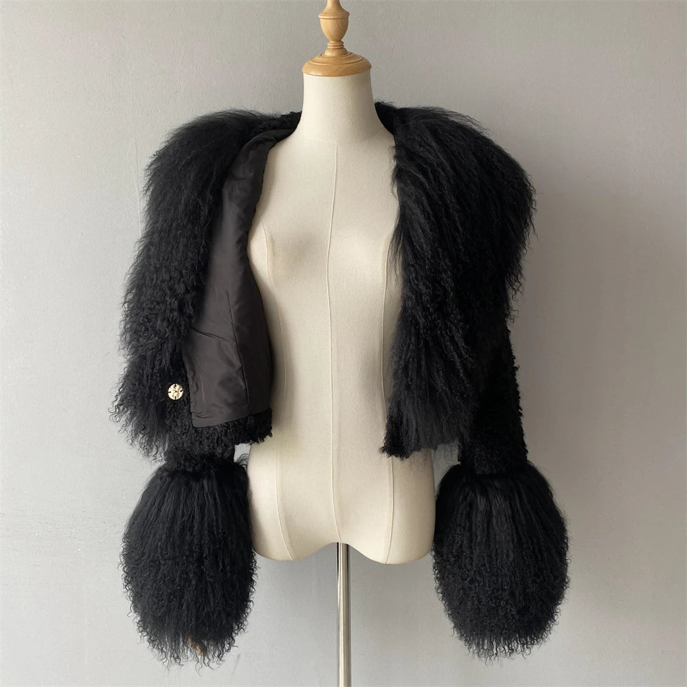 Jxwatcher Wool Coat for Women Real Mongolian Fur Collar Cuffs Winter Fashion Solid Color Tweed Cropped Jacket Fall New Arrival