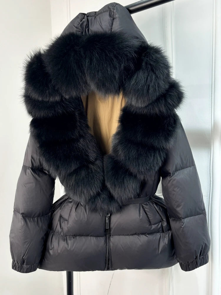 Real Fox Fur Puffer Hooded Coat. Thick Warm Waterptoof