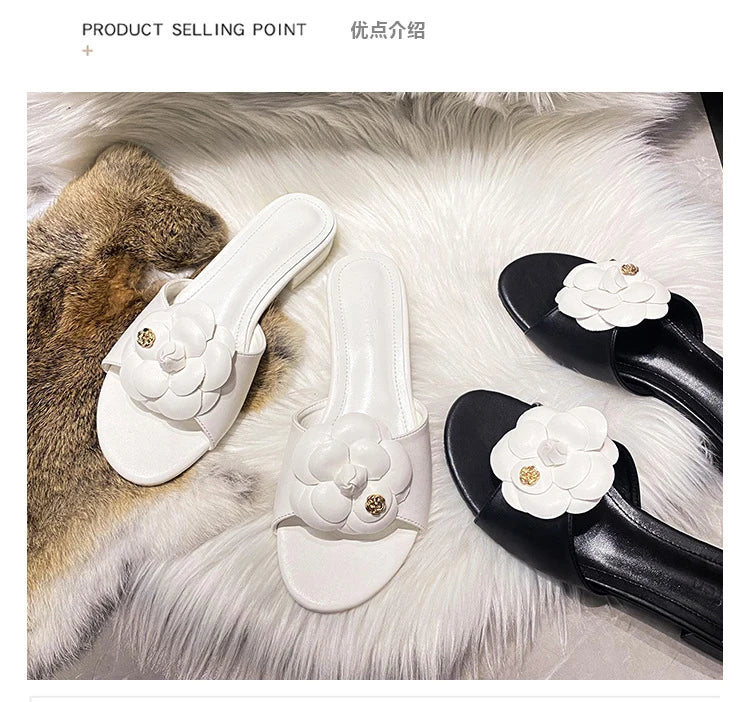 High End Luxury Flower Slippers Women Camellia Shoes Open Toe Slides Femme Outside&Home Pantuflas Sandals Ladies Flip Flops