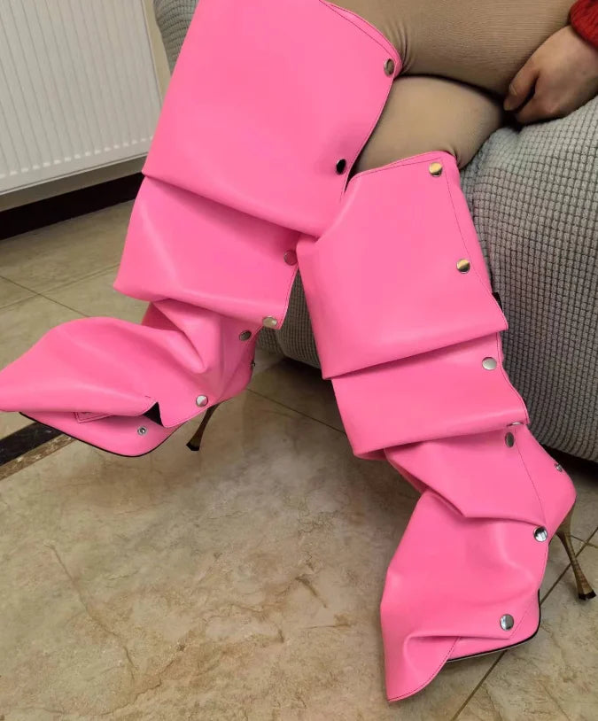High Heel Long Boots for Women Botte Winter Boots Shoes Botas Mujer Thin Heeled Pointed Denim Metal Button Shoe Zapatos De Mujer