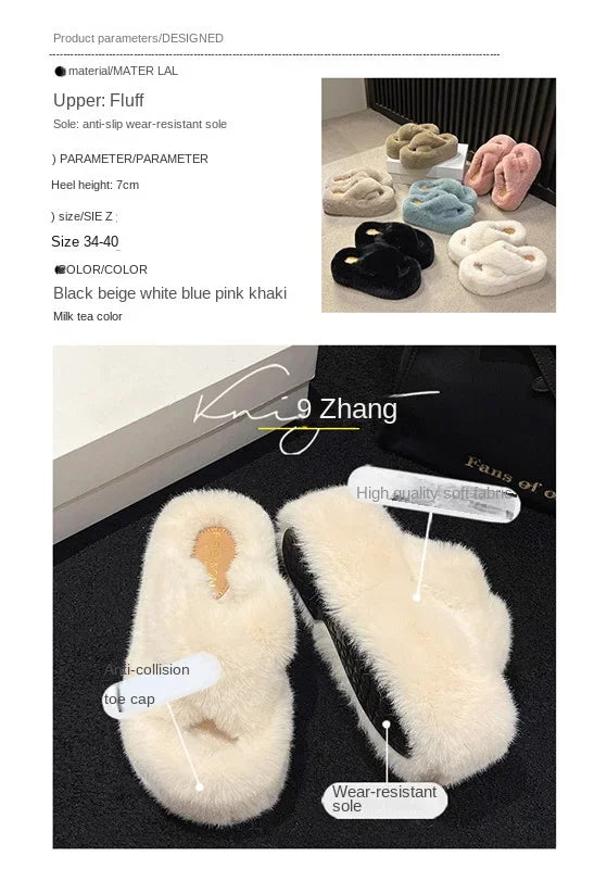 Woman Furry Ladies Faux Fur Luxury Fluffy Plush Slipper House Fuzzy Girl Platform Indoor Flat Casual sandals Round Toe Winter