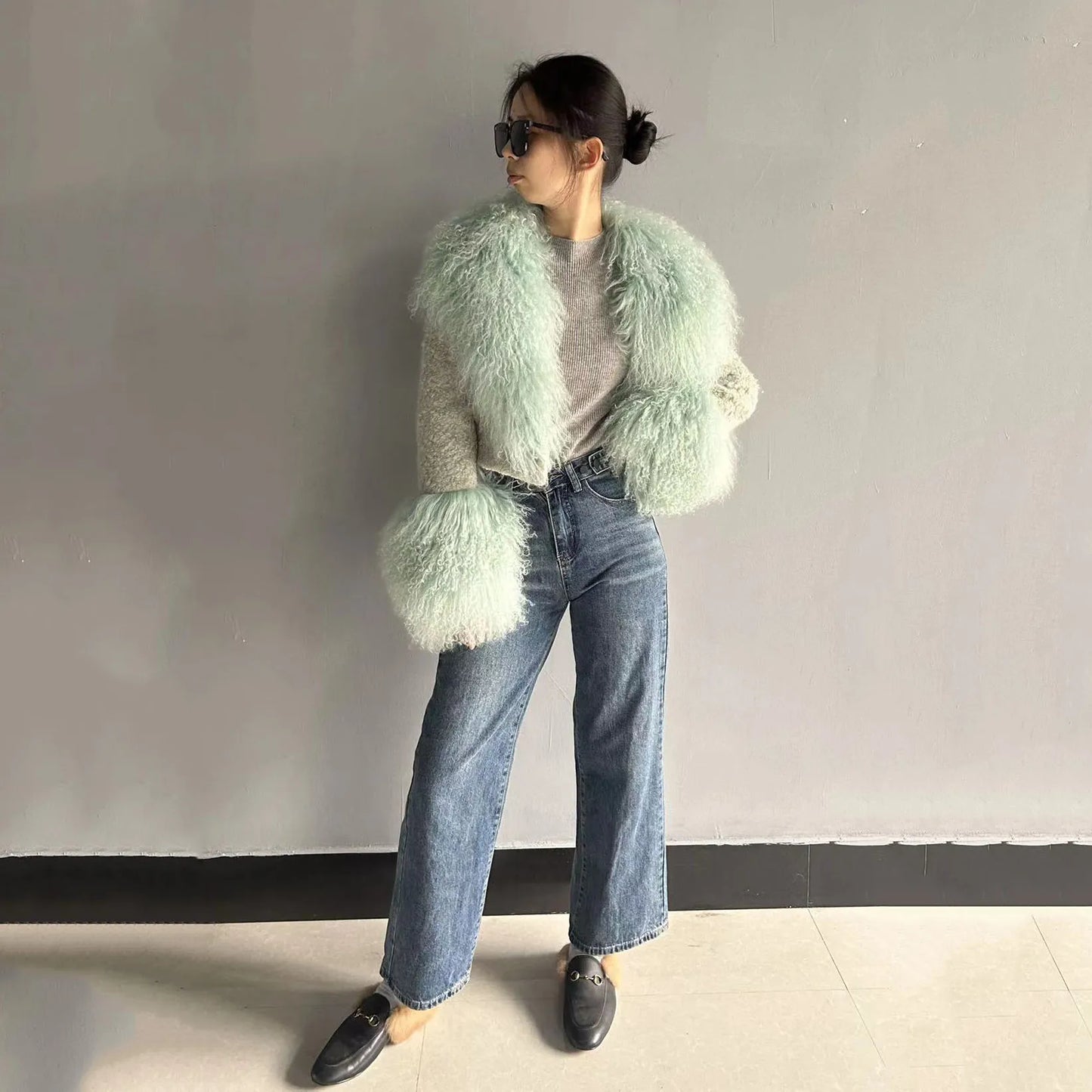 Jxwatcher Wool Coat for Women Real Mongolian Fur Collar Cuffs Winter Fashion Solid Color Tweed Cropped Jacket Fall New Arrival