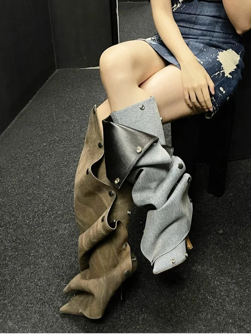 High Heel Long Boots for Women Botte Winter Boots Shoes Botas Mujer Thin Heeled Pointed Denim Metal Button Shoe Zapatos De Mujer