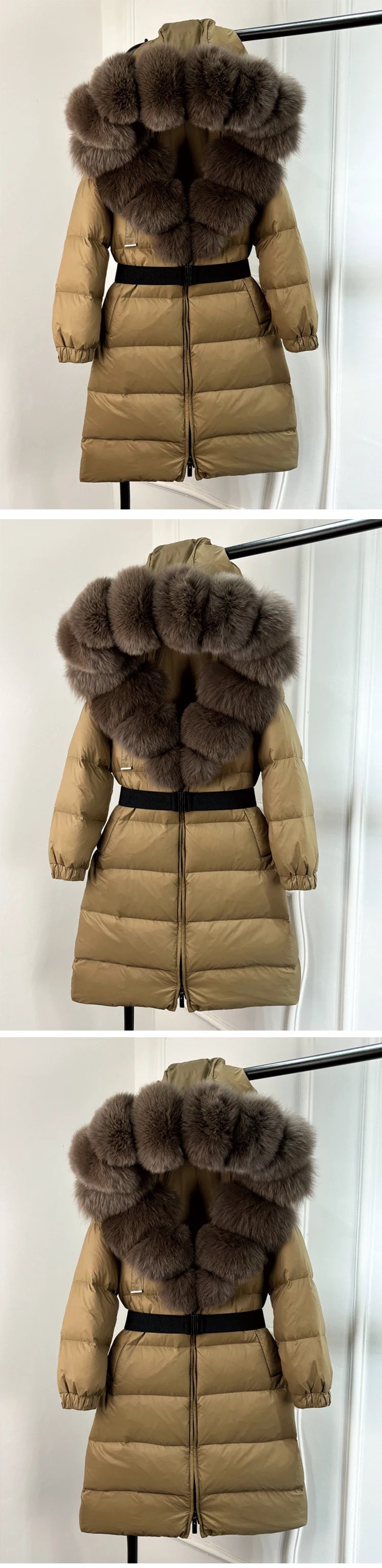 Long Winter Coat. Real Big Fox Fur Collar Belt Loose Puffer