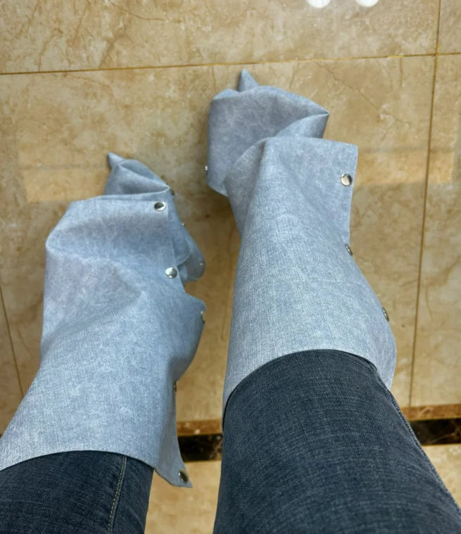 High Heel Long Boots for Women Botte Winter Boots Shoes Botas Mujer Thin Heeled Pointed Denim Metal Button Shoe Zapatos De Mujer
