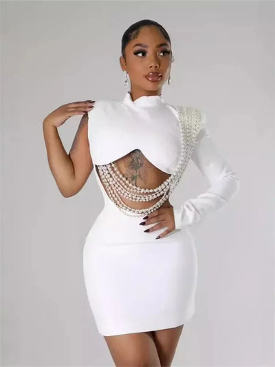 Waist and Back Exposed White Sexy Pearl Pendant Slim Dress