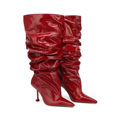 European and American Autumn and Winter High-heeled Knee Length Pleated Boots, Fashionable Pointed Sleeve, Plus Size for Women