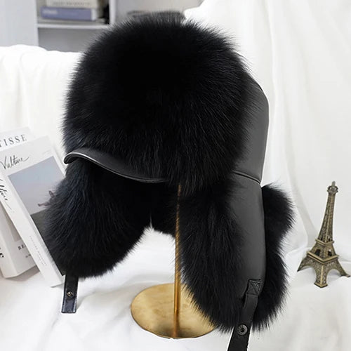 100% Real Silver Fox Fur Bomber Hat Raccoon Fur Real Leather