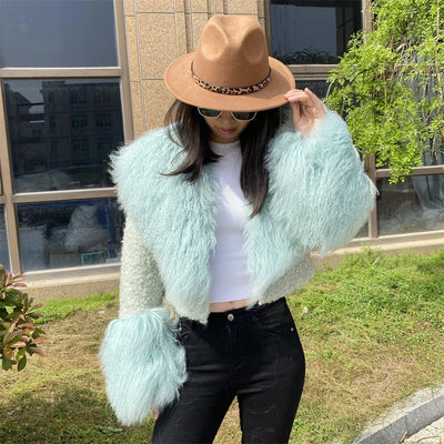 Jxwatcher Wool Coat for Women Real Mongolian Fur Collar Cuffs Winter Fashion Solid Color Tweed Cropped Jacket Fall New Arrival