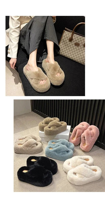 Woman Furry Ladies Faux Fur Luxury Fluffy Plush Slipper House Fuzzy Girl Platform Indoor Flat Casual sandals Round Toe Winter