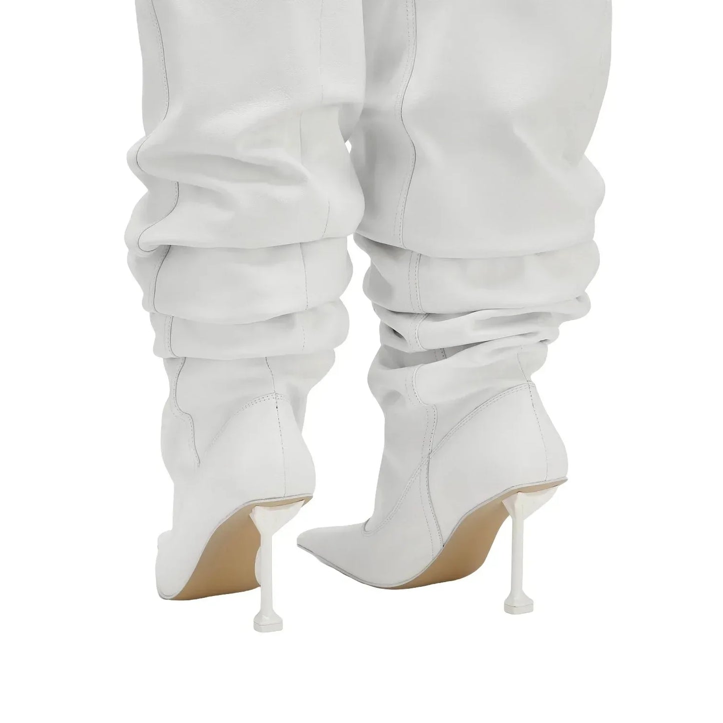 European and American Autumn and Winter High-heeled Knee Length Pleated Boots, Fashionable Pointed Sleeve, Plus Size for Women