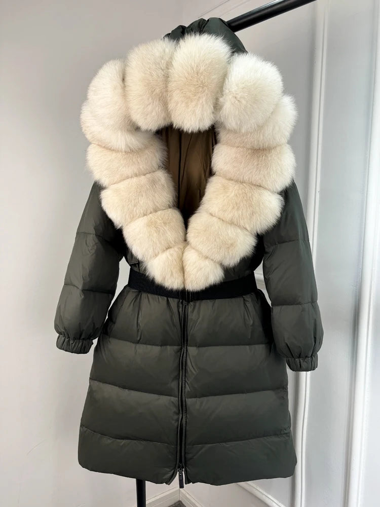Long Winter Coat. Real Big Fox Fur Collar Belt Loose Puffer