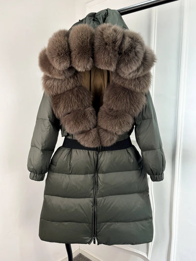 Long Winter Coat. Real Big Fox Fur Collar Belt Loose Puffer