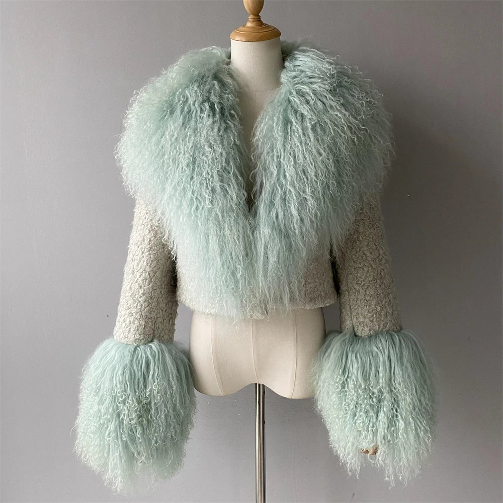 Jxwatcher Wool Coat for Women Real Mongolian Fur Collar Cuffs Winter Fashion Solid Color Tweed Cropped Jacket Fall New Arrival