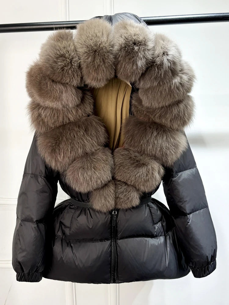 Real Fox Fur Puffer Hooded Coat. Thick Warm Waterptoof