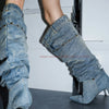 Denim Pants Boots Pointy Toe Pleated Over The Knee Boots for Women Winter 2024 Casual Rivet Pocket Decor Patchwork Luxury Shoes