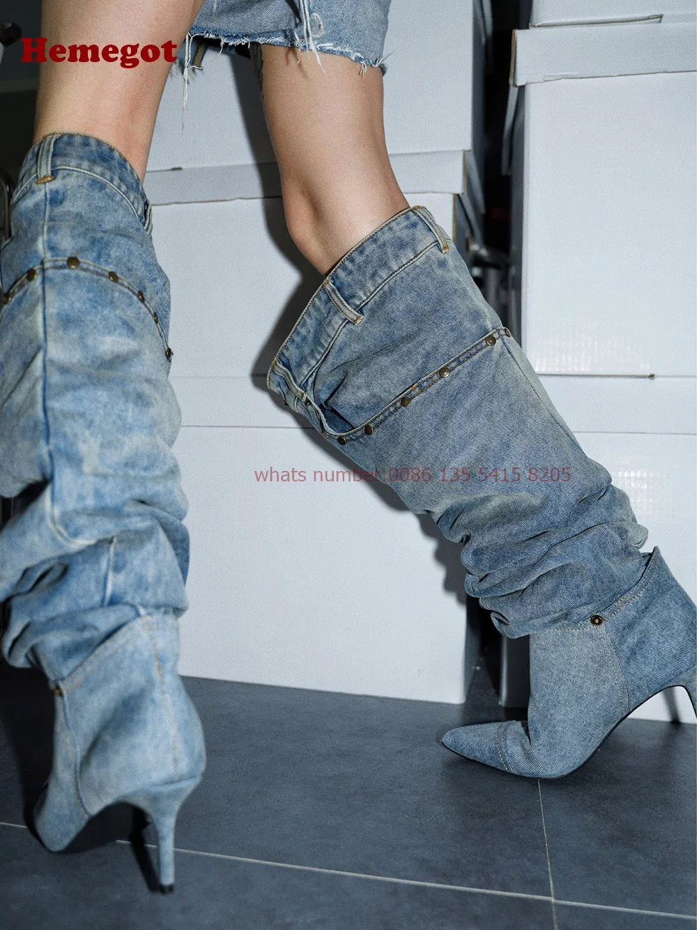 Denim Pants Boots Pointy Toe Pleated Over The Knee Boots for Women Winter 2024 Casual Rivet Pocket Decor Patchwork Luxury Shoes