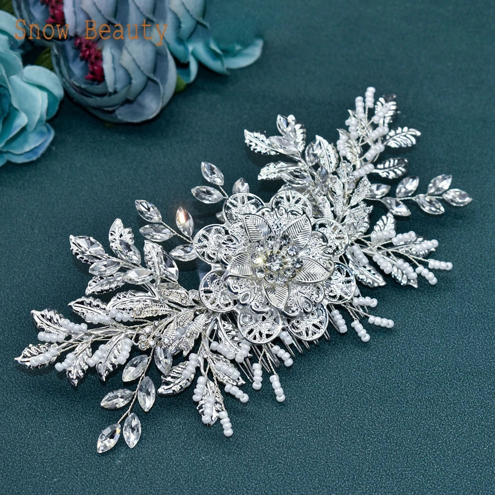 DZ099 Vintage Bridal Hair Accessories Shiny Rhinestones Handmade Women Tiara Leaves Wedding Hair Comb Flower Bridal Hairpins