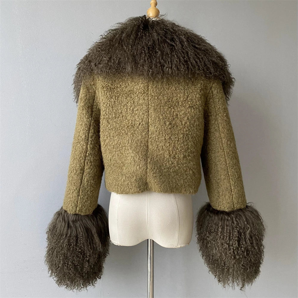 Jxwatcher Wool Coat for Women Real Mongolian Fur Collar Cuffs Winter Fashion Solid Color Tweed Cropped Jacket Fall New Arrival