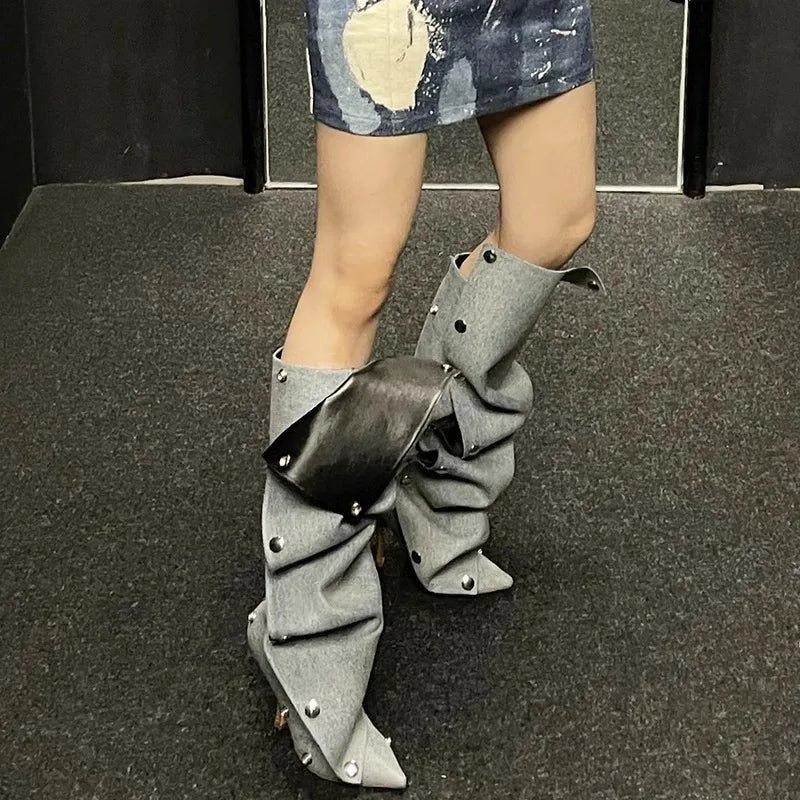 High Heel Long Boots for Women Botte Winter Boots Shoes Botas Mujer Thin Heeled Pointed Denim Metal Button Shoe Zapatos De Mujer