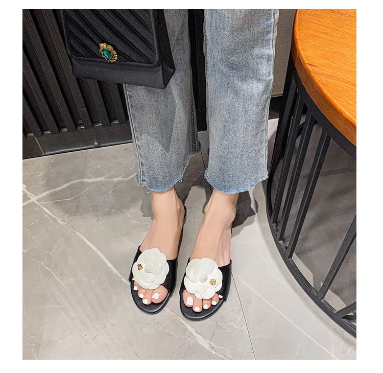 High End Luxury Flower Slippers Women Camellia Shoes Open Toe Slides Femme Outside&Home Pantuflas Sandals Ladies Flip Flops