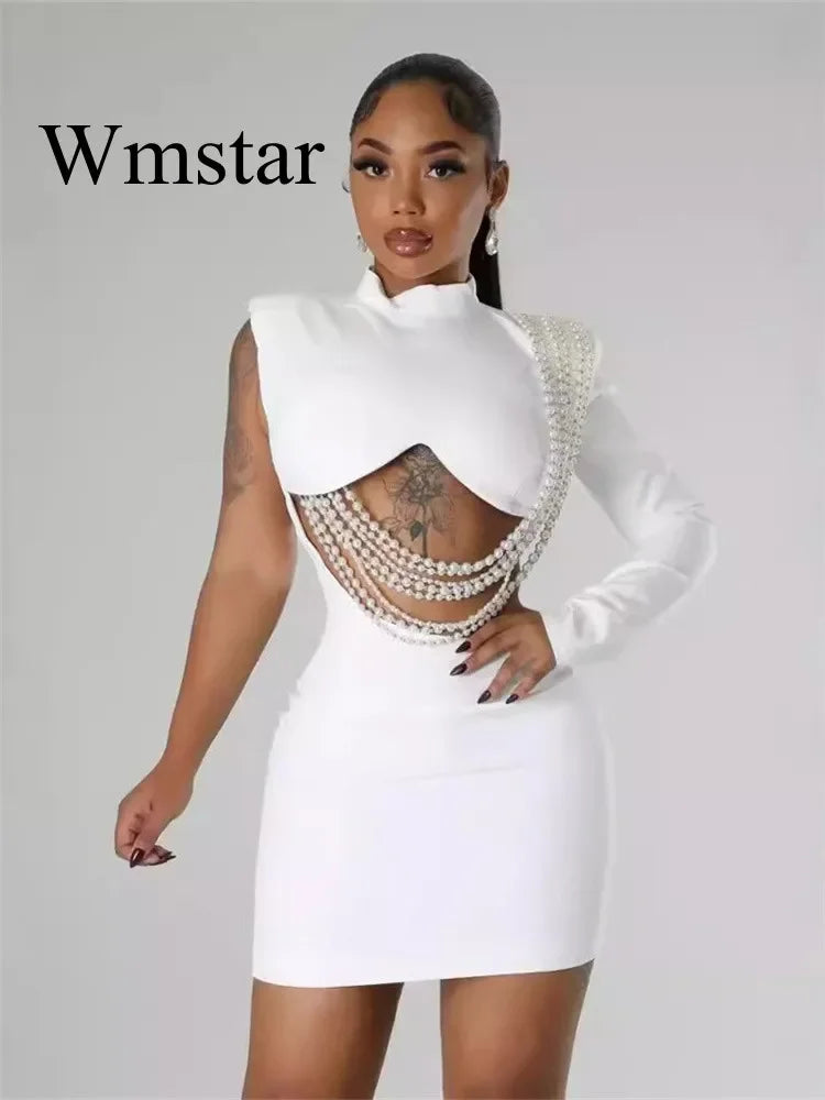 Waist and Back Exposed White Sexy Pearl Pendant Slim Dress