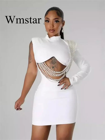 Waist and Back Exposed White Sexy Pearl Pendant Slim Dress