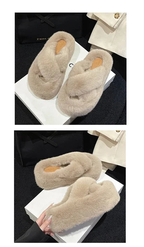 Woman Furry Ladies Faux Fur Luxury Fluffy Plush Slipper House Fuzzy Girl Platform Indoor Flat Casual sandals Round Toe Winter
