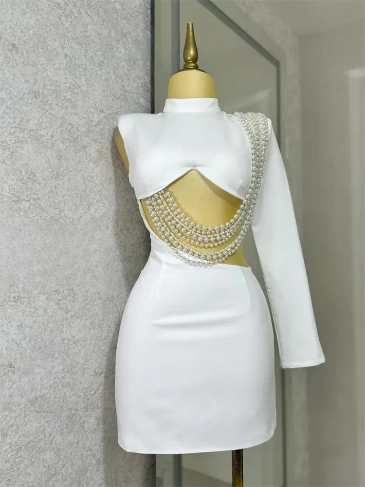 Waist and Back Exposed White Sexy Pearl Pendant Slim Dress