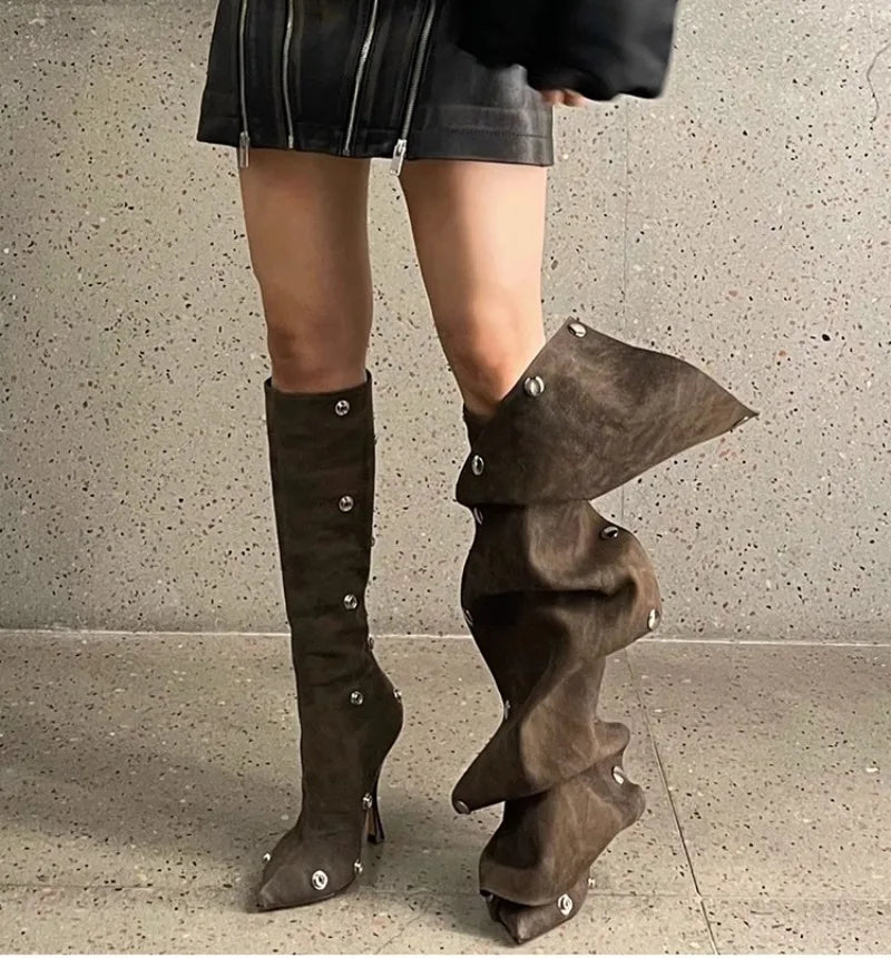 High Heel Long Boots for Women Botte Winter Boots Shoes Botas Mujer Thin Heeled Pointed Denim Metal Button Shoe Zapatos De Mujer