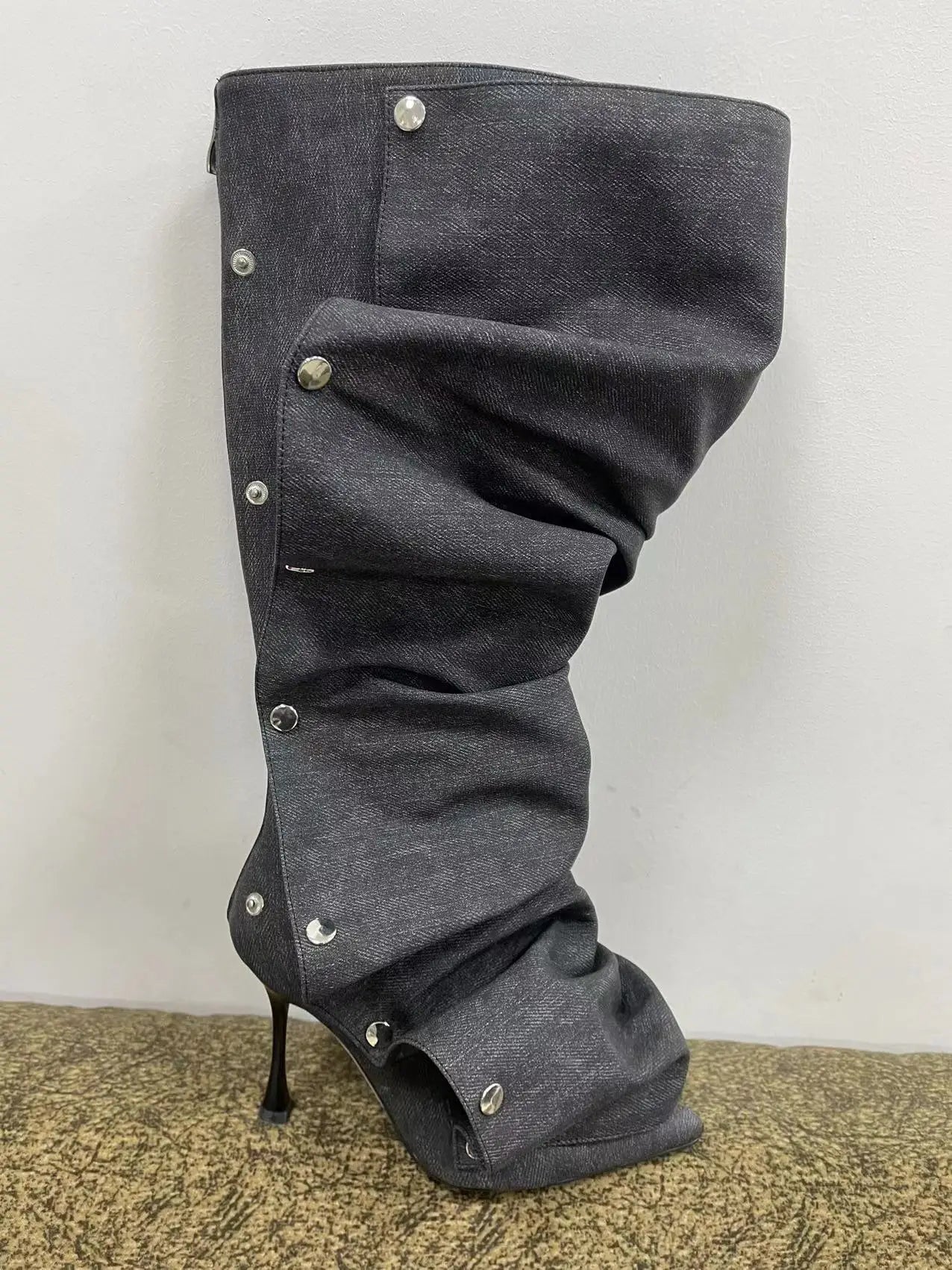 High Heel Long Boots for Women Botte Winter Boots Shoes Botas Mujer Thin Heeled Pointed Denim Metal Button Shoe Zapatos De Mujer
