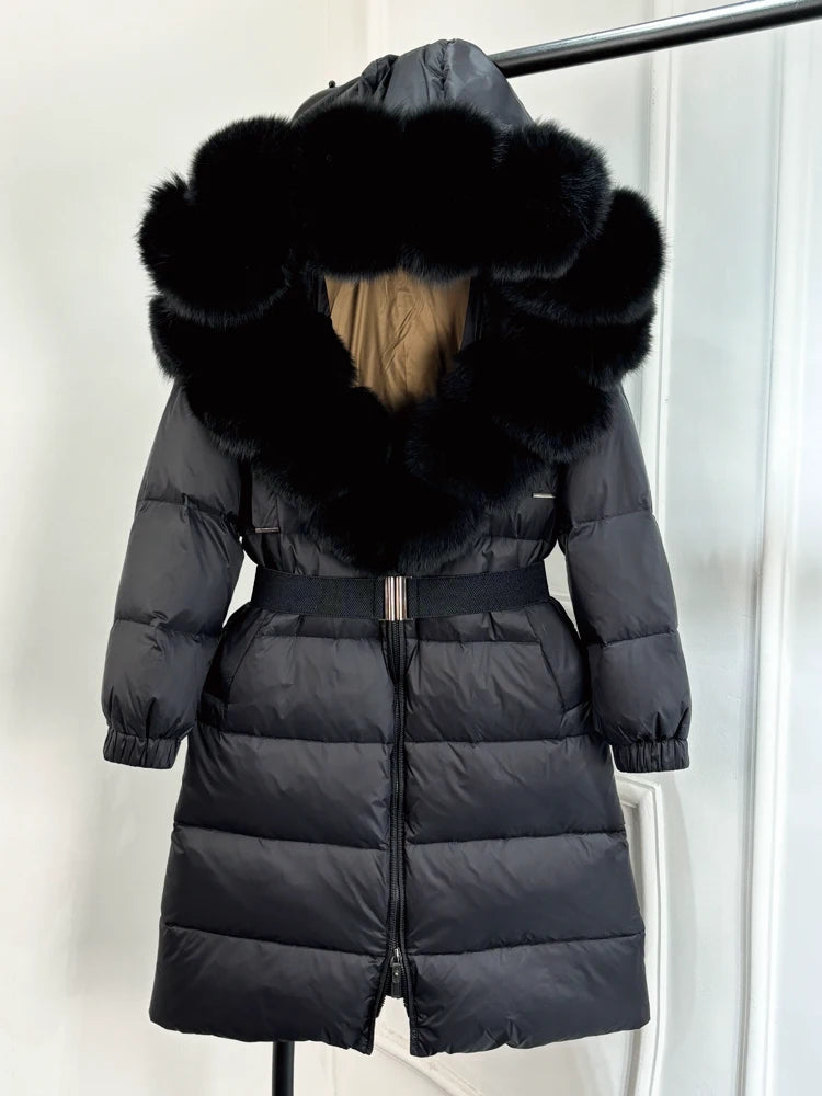 Long Winter Coat. Real Big Fox Fur Collar Belt Loose Puffer
