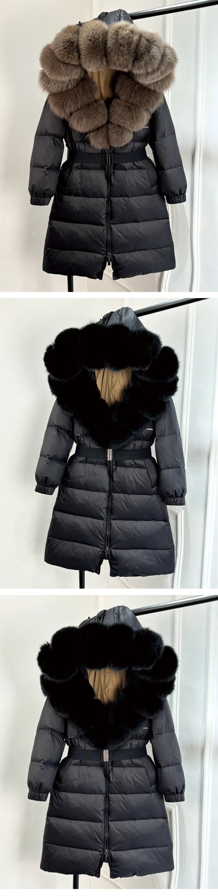 Long Winter Coat. Real Big Fox Fur Collar Belt Loose Puffer