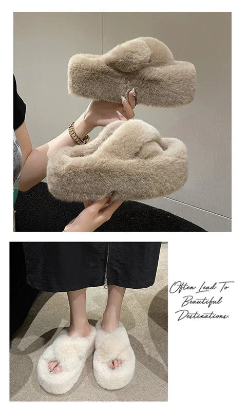 Woman Furry Ladies Faux Fur Luxury Fluffy Plush Slipper House Fuzzy Girl Platform Indoor Flat Casual sandals Round Toe Winter