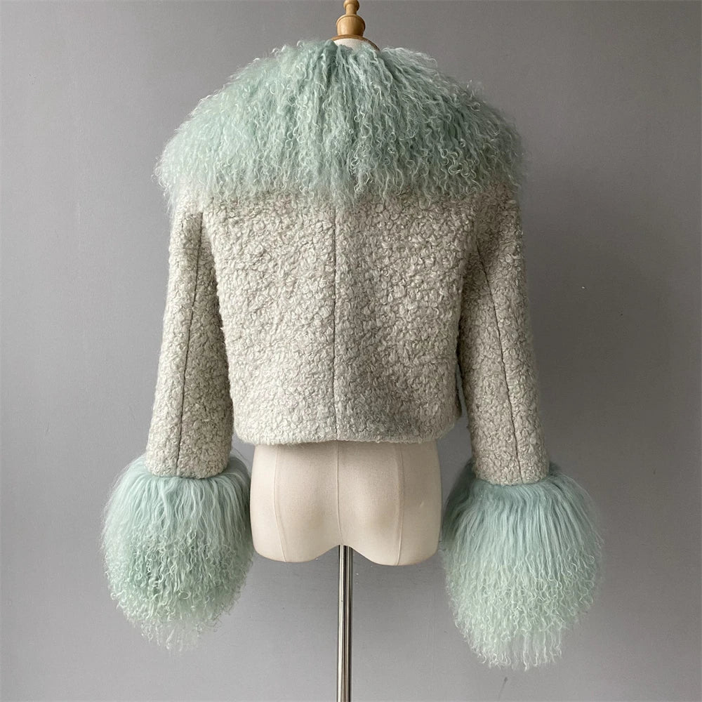 Jxwatcher Wool Coat for Women Real Mongolian Fur Collar Cuffs Winter Fashion Solid Color Tweed Cropped Jacket Fall New Arrival