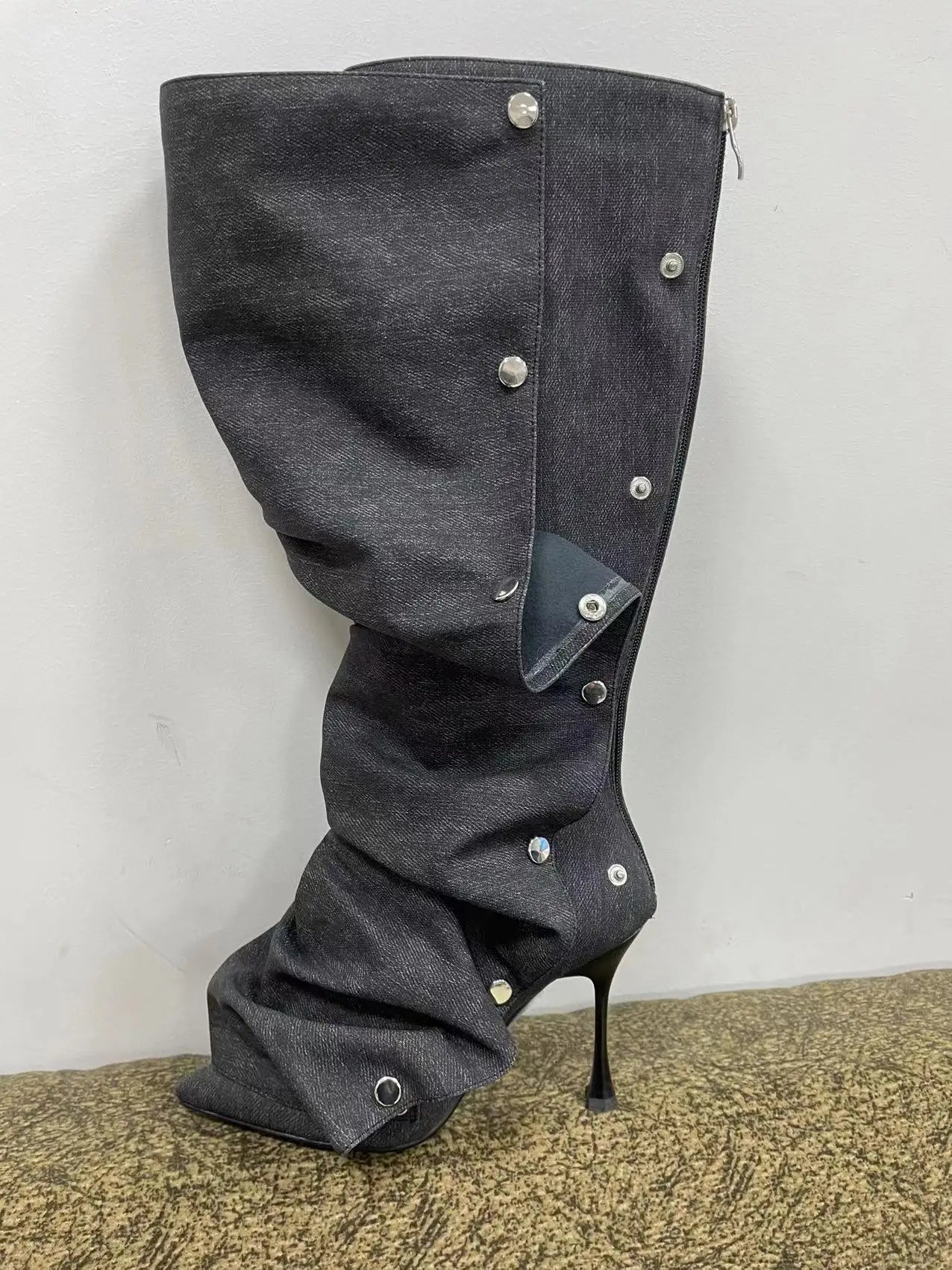 High Heel Long Boots for Women Botte Winter Boots Shoes Botas Mujer Thin Heeled Pointed Denim Metal Button Shoe Zapatos De Mujer