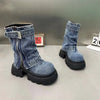 Denim Women Boots for Cowboy Mid-calf Boots Zipper Ladies Platform Boots Mid Heels Designer Shoes 2024 Motorcycle Boot Zapatos
