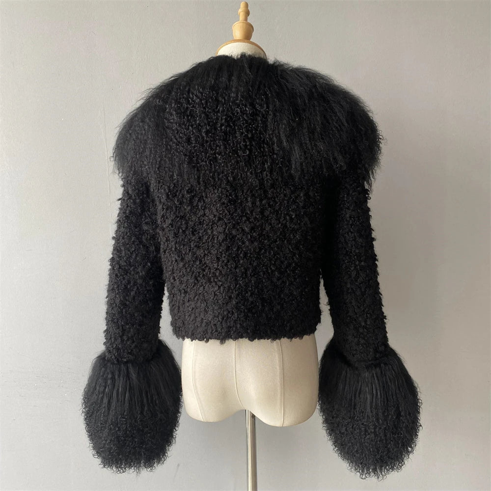 Jxwatcher Wool Coat for Women Real Mongolian Fur Collar Cuffs Winter Fashion Solid Color Tweed Cropped Jacket Fall New Arrival